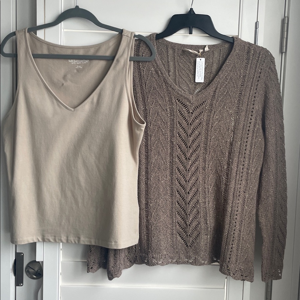 Soft Surroundings 2pc Taupe loose Knit Crochet Sweater and matching tan tank